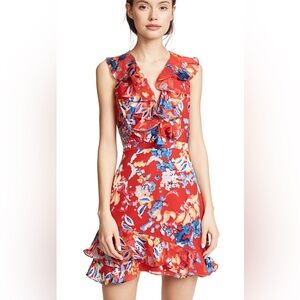 Saloni Size 6 US Cece Silk Floral Fluttery Ruffle Designer Dress Coral Begonia